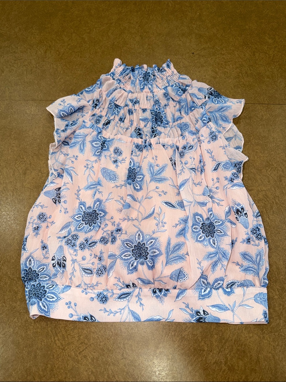 Vici Pink Floral Smocked Neck Blouse with Blue Print • Sleeveless • Bow • XS